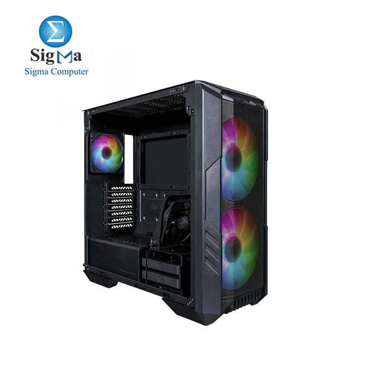 CASE-COOLER MASTER-HAF500 PC Case  Mid-Tower  2 x 200mm Pre-Installed ARGB Fans for High-Volume Airflow  Rotatable 120mm GPU Fan  Versatile Cooling Options  Tempered Glass Side Panel  Removeable Top