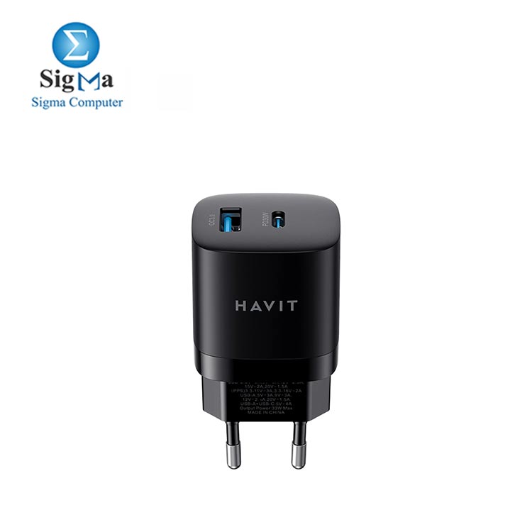 HAVIT CHARGE UC30 Wall Charger 33W Dual Ports( PD 30W,USB-A 18W) Support (PPS/PD3.0),EU Black