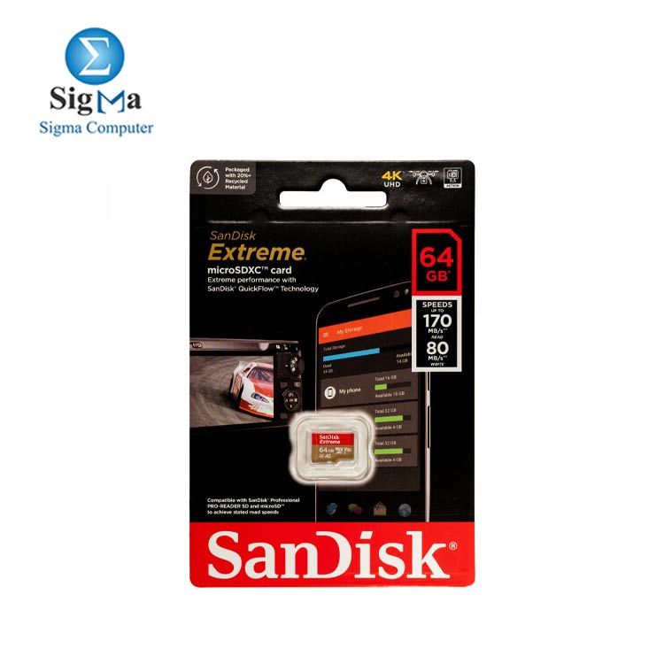 SANDISK EXTREME MICRO SDXC 64G-MEMORY CARD- SDSQXAH-GN6MN