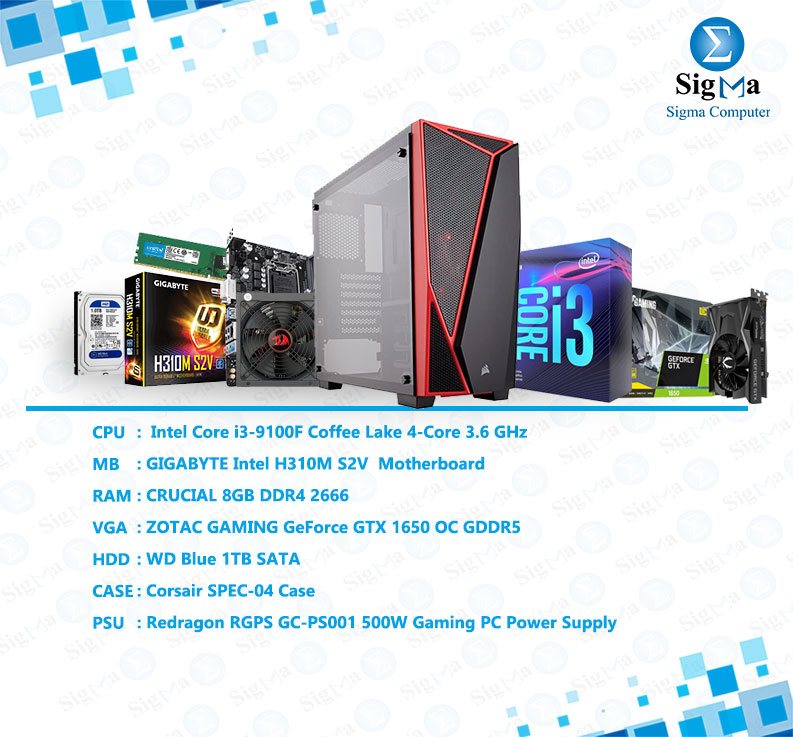 BUNDLE   Intel Core i3-9100F - Gigabyte H310M S2V - 8GB DDR4  - GTX 1650 - WD1TB - Corsair SPEC-04 CASE - Redragon 500W  