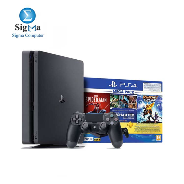 hoesten Grit Harden Sony PlayStation 4 Slim with 3 Games and PlayStation Plus 90 Days  Subscription, 500GB, Jet Black | 7700 EGP