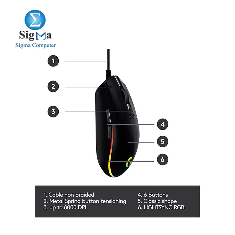 Logitech G102 Light Sync Gaming Mouse with Customizable RGB Lighting, 6 Programmable Buttons, Gaming Grade Sensor, 8 k dpi Tracking,16.8mn Color, Light Weight - Black