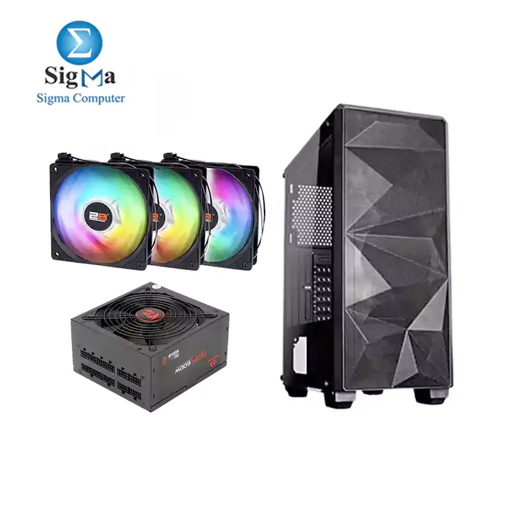 REDRAGON GC-510 CASE without fans and Redragon RGPS GC-PS002 600W 80plus bronze and 2B FA026 Ecstasy Gaming Triple Fan Case - 3Pcs ARGB