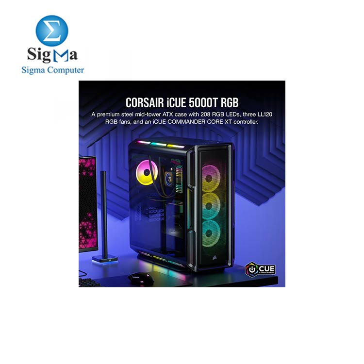 CORSAIR 5000T RGB Black (Air up to 170mm) (VGA up to 400mm) +3 iCUE Fans RGB (CC-9011230-WW)