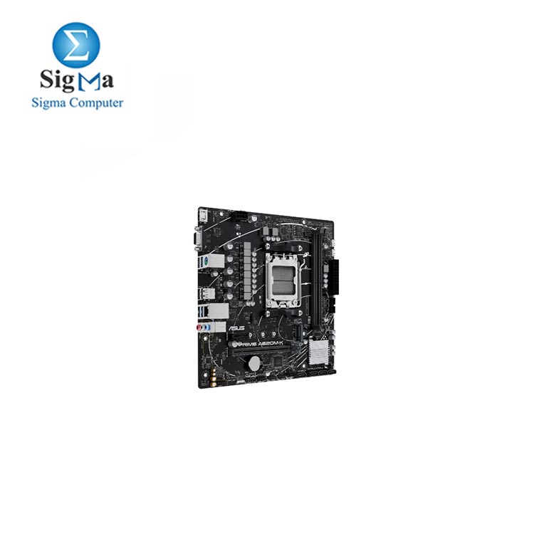 ASUS PRIME A620M-K micro-ATX motherboard, DDR5, PCIe 4.0 Graphics card and PCIe 4.0 M.2 support, HDMI™, VGA, USB 3.2 Gen 1 Type-A, SATA 6 Gbps, Two-Way AI Noise Cancelation, Aura Sync