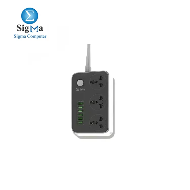  SIA Power Strip, 6 USB-A Ports, 3 Power Sockets, Black and White - SI-PS001G
