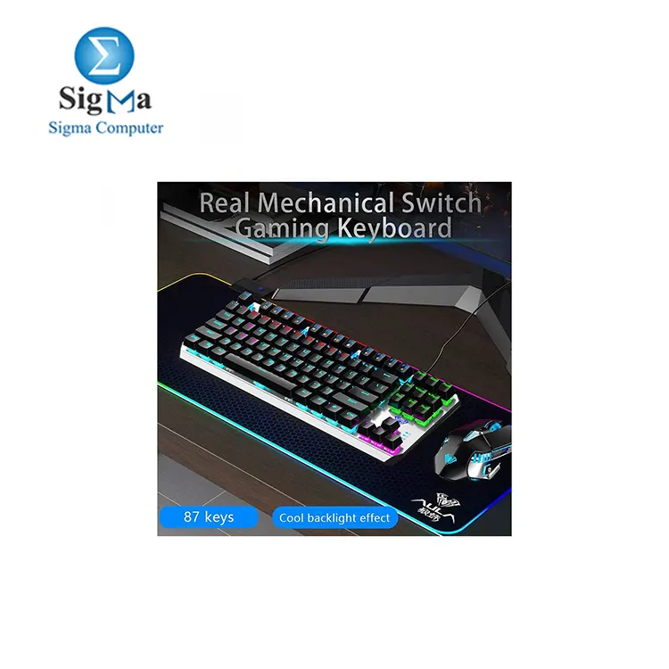 AULA F3087 Mechanical Gaming Keyboard with RGB Rainbow Backlit  ABS Keycaps  87 Keys Anti-Ghosting Ergonomic USB Type-C Wired Computer Keyboards for Windows PC  Brown Switch  Black 