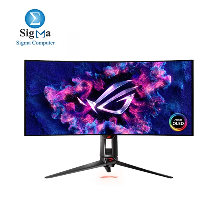 ASUS ROG Swift OLED PG34WCDM gaming monitor     34-inch  33.9 inch viewable  3440 x 1440  800R curved OLED panel  240 Hz  0.03 ms  GTG  response time  G-SYNC   compatible  custom heatsink  uniform brightness  ROG Smart KVM  90 W Type-C