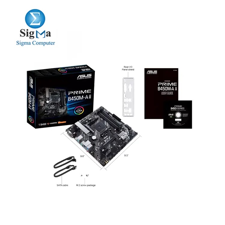 ASUS PRIME B450M-A II AMD B450  Ryzen AM4  micro ATX motherboard with M.2 support  HDMI DVI-D D-Sub  SATA 6 Gbps  1 Gb Ethernet  USB 3.2 Gen 2 Type-A  BIOS FlashBack     and Aura Sync RGB lighting support