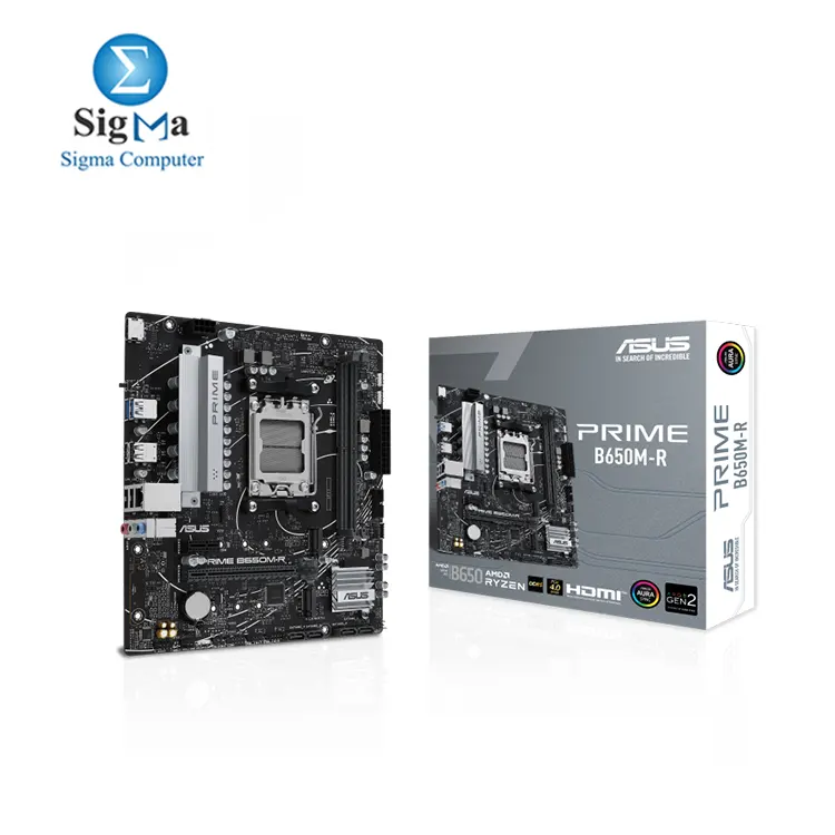 ASUS PRIME B650M-R Micro-ATX motherboard  DDR5  PCIe 4.0 support  Realtek 2.5Gb Ethernet  HDMI  SATA 6 Gbps  front USB 5Gbps Type-C  BIOS FlashBack  Two-Way AI Noise Cancelation  Aura Sync