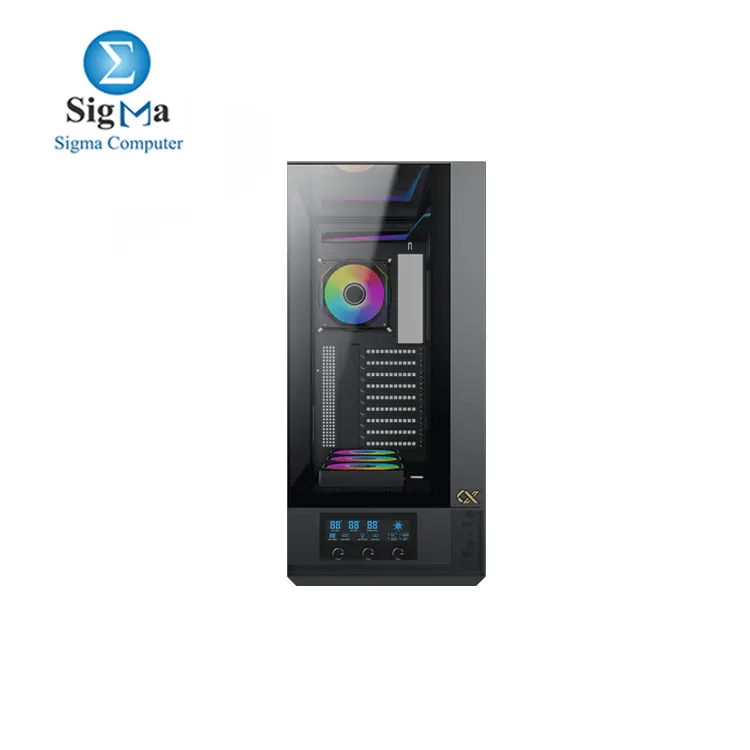  Xigmatek Vision Pro with BTF support and LCD display control, supports up to 480mm radiators, 9 expansion slots, EATX compatibility, 420mm GPU, and 180mm CPU cooler clearance, with USB 3.0 and Type-C ports.