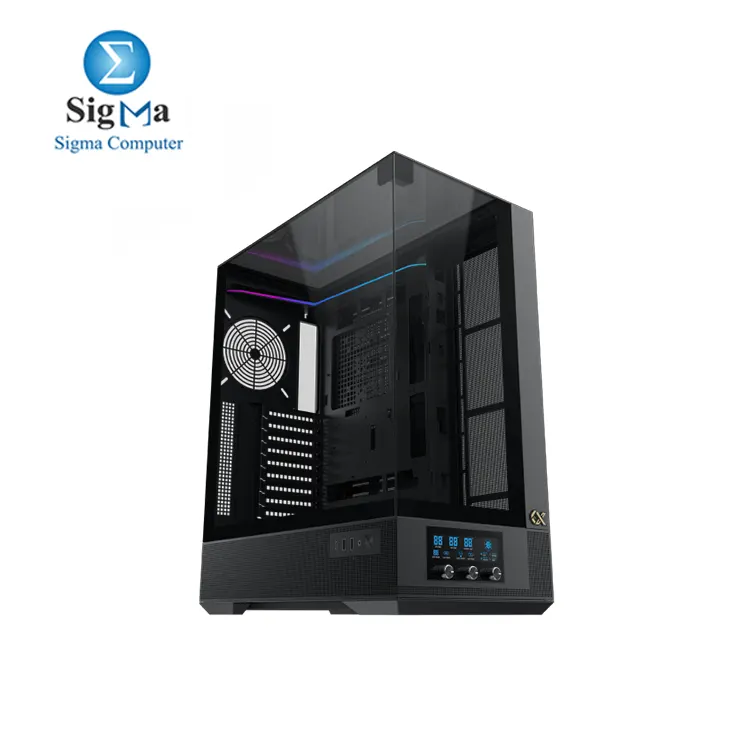  Xigmatek Vision Pro with BTF support and LCD display control, supports up to 480mm radiators, 9 expansion slots, EATX compatibility, 420mm GPU, and 180mm CPU cooler clearance, with USB 3.0 and Type-C ports.