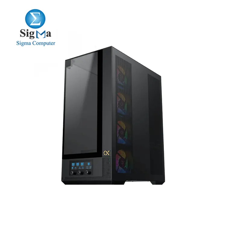  Xigmatek Vision Pro with BTF support and LCD display control, supports up to 480mm radiators, 9 expansion slots, EATX compatibility, 420mm GPU, and 180mm CPU cooler clearance, with USB 3.0 and Type-C ports.