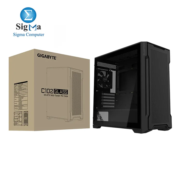 GIGABYTE C102 GLASS Mid-tower case with tempered glass, supports Mini ITX/Micro ATX, 410mm GPUs, 165mm CPU coolers, 360mm radiators, 2x USB 3.0, and dust filters