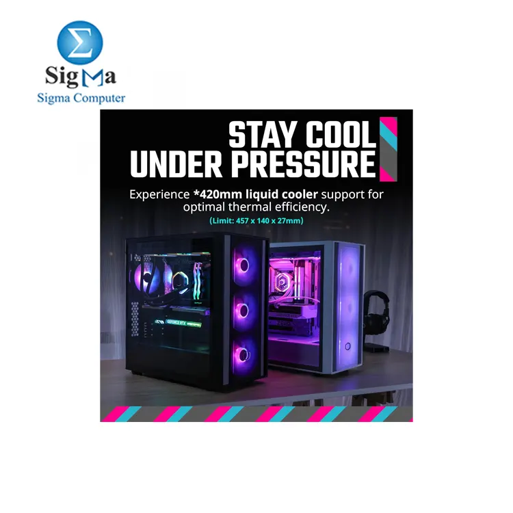 Cooler Master MasterBox 600 ATX Mid-Tower Case  Back-Connected Motherboard Asus MSI Gigabyte  410mm GPU Max   420mm AIO Max  Type C  Tempered Glass  Triple 140mm SickleFlow PWM  FineMesh Airflow