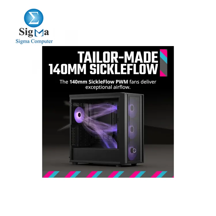 Cooler Master MasterBox 600 ATX Mid-Tower Case  Back-Connected Motherboard Asus MSI Gigabyte  410mm GPU Max   420mm AIO Max  Type C  Tempered Glass  Triple 140mm SickleFlow PWM  FineMesh Airflow