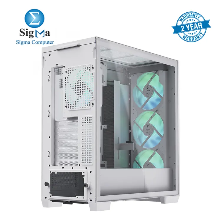 APNX C1 Mid-Tower ATX White PC Case  4 Included High Airflow APNX FP1 ARGB Fans  up to 11 Total Fan Slots  Top and Side 360mm Liquid Cooler Support  5-Port PWM ARGB Control Hub