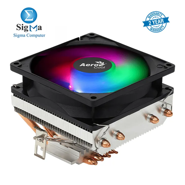 Aerocool Air Frost 4 125W TDP RGB CPU cooler with a top-down design, 1800 rpm fan, 45.6 CFM airflow, and broad socket compatibility (Intel LGA 1700/1200/115X/775, AMD AM5/AM4/AM3+)