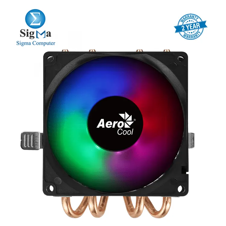 Aerocool Air Frost 4 125W TDP RGB CPU cooler with a top-down design, 1800 rpm fan, 45.6 CFM airflow, and broad socket compatibility (Intel LGA 1700/1200/115X/775, AMD AM5/AM4/AM3+)