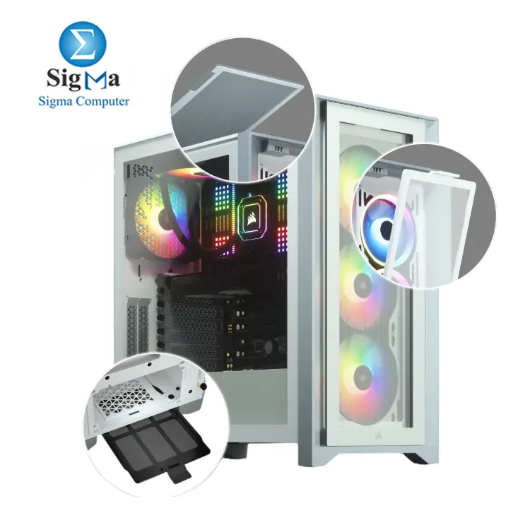 CORSAIR 4000X RGB White Mid-Tower     Steel   tempered glass  3x 120mm RGB fans  supports up to 360mm GPU   radiator  ATX E-ATX  tool-free panels  USB-C  and RapidRoute cable management