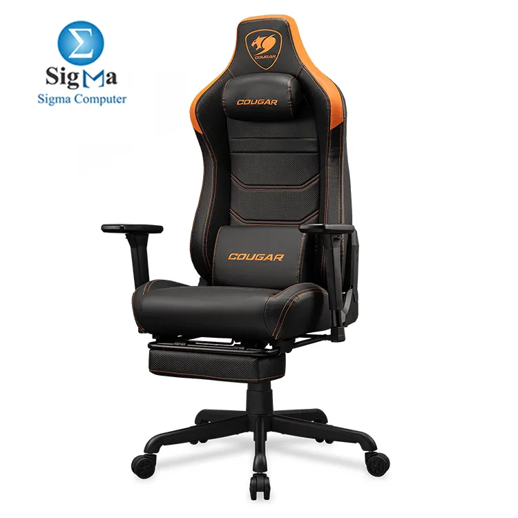 COUGAR ARMOR EVO S ORANGE – Magnetic memory foam neck pillow, breathable PVC leather, full steel frame, 3D adjustable armrests, retractable footrest, lumbar cushion, 155° reclining, and Class 4 gas lift