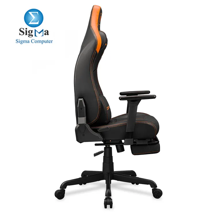 COUGAR ARMOR EVO S ORANGE – Magnetic memory foam neck pillow, breathable PVC leather, full steel frame, 3D adjustable armrests, retractable footrest, lumbar cushion, 155° reclining, and Class 4 gas lift