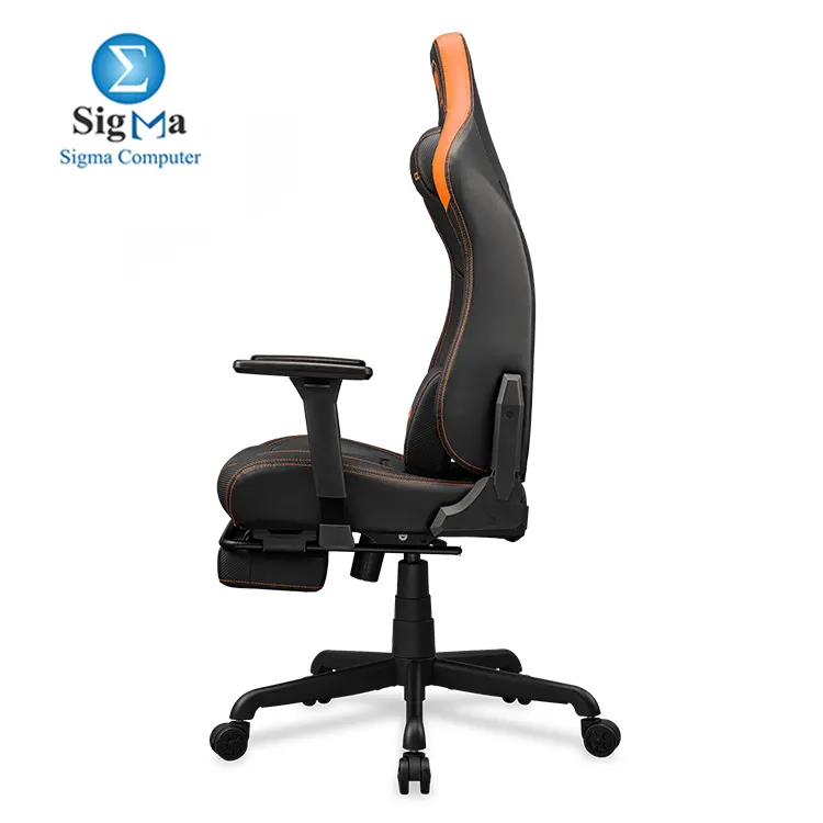 COUGAR ARMOR EVO S ORANGE – Magnetic memory foam neck pillow, breathable PVC leather, full steel frame, 3D adjustable armrests, retractable footrest, lumbar cushion, 155° reclining, and Class 4 gas lift