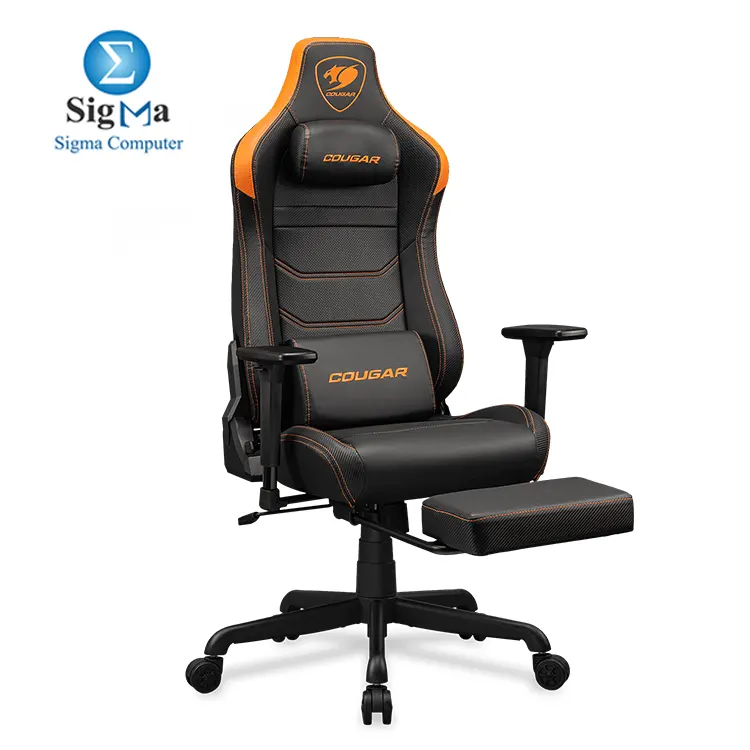 COUGAR ARMOR EVO S ORANGE – Magnetic memory foam neck pillow, breathable PVC leather, full steel frame, 3D adjustable armrests, retractable footrest, lumbar cushion, 155° reclining, and Class 4 gas lift