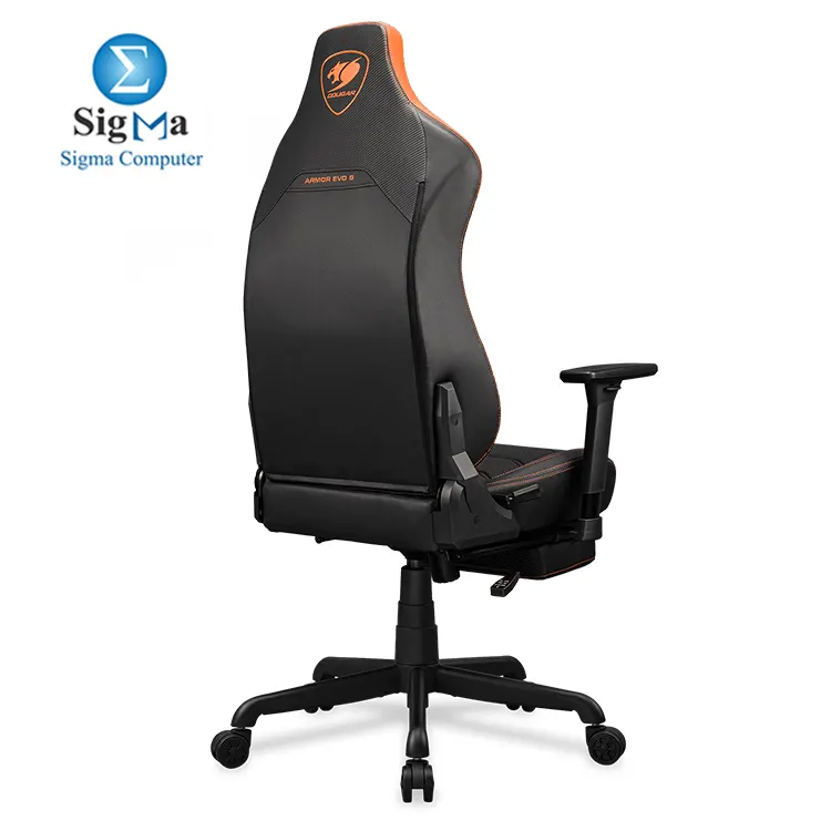 COUGAR ARMOR EVO S ORANGE – Magnetic memory foam neck pillow, breathable PVC leather, full steel frame, 3D adjustable armrests, retractable footrest, lumbar cushion, 155° reclining, and Class 4 gas lift