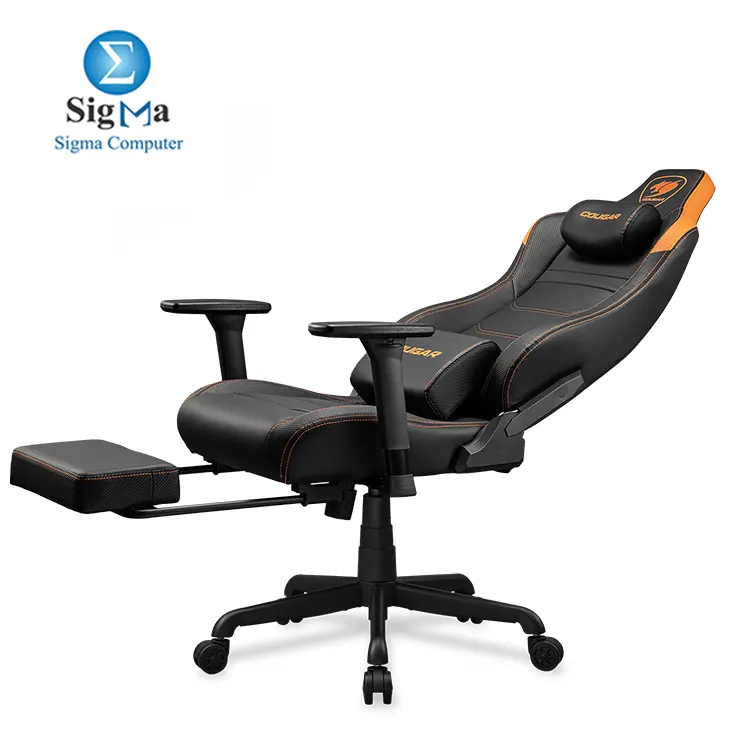 COUGAR ARMOR EVO S ORANGE – Magnetic memory foam neck pillow, breathable PVC leather, full steel frame, 3D adjustable armrests, retractable footrest, lumbar cushion, 155° reclining, and Class 4 gas lift