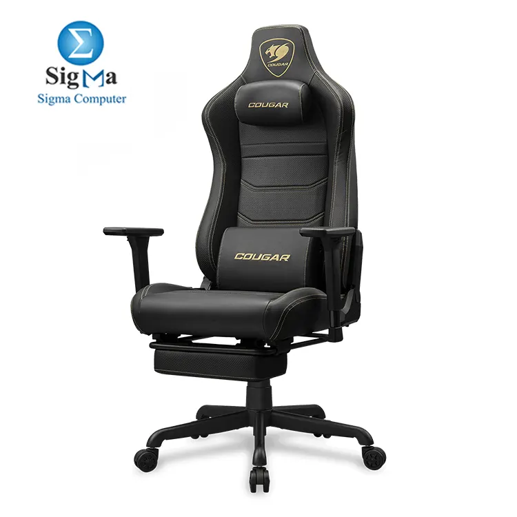 COUGAR ARMOR EVO S GOLD – Magnetic memory foam neck pillow, breathable PVC leather, full steel frame, 3D adjustable armrests, retractable footrest, lumbar cushion, 155º reclining, and Class 4 gas lift (supports 120 kg)