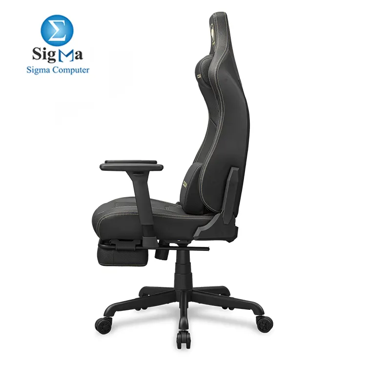 COUGAR ARMOR EVO S GOLD – Magnetic memory foam neck pillow, breathable PVC leather, full steel frame, 3D adjustable armrests, retractable footrest, lumbar cushion, 155º reclining, and Class 4 gas lift (supports 120 kg)