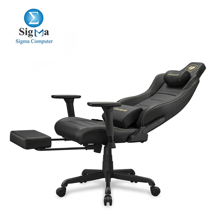COUGAR ARMOR EVO S GOLD – Magnetic memory foam neck pillow, breathable PVC leather, full steel frame, 3D adjustable armrests, retractable footrest, lumbar cushion, 155º reclining, and Class 4 gas lift (supports 120 kg)