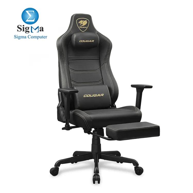 COUGAR ARMOR EVO S GOLD – Magnetic memory foam neck pillow, breathable PVC leather, full steel frame, 3D adjustable armrests, retractable footrest, lumbar cushion, 155º reclining, and Class 4 gas lift (supports 120 kg)