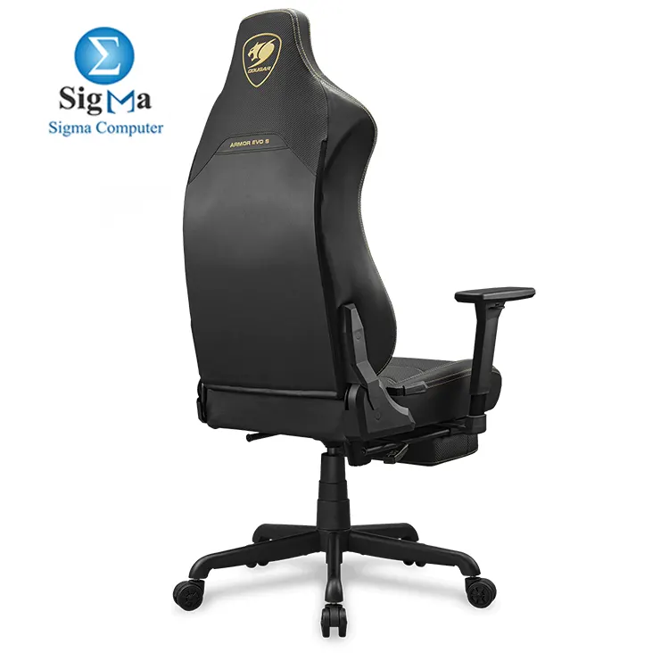 COUGAR ARMOR EVO S GOLD – Magnetic memory foam neck pillow, breathable PVC leather, full steel frame, 3D adjustable armrests, retractable footrest, lumbar cushion, 155º reclining, and Class 4 gas lift (supports 120 kg)