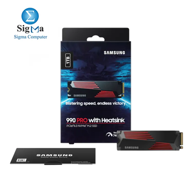 Samsung 990 PRO w  Heatsink 1TB PCIe 4.0 NVMe SSD     Up to 7 450 6 900 MB s speeds  M.2  2280  form factor  PlayStation 5 compatible  Samsung V-NAND  integrated heatsink  3-year warranty