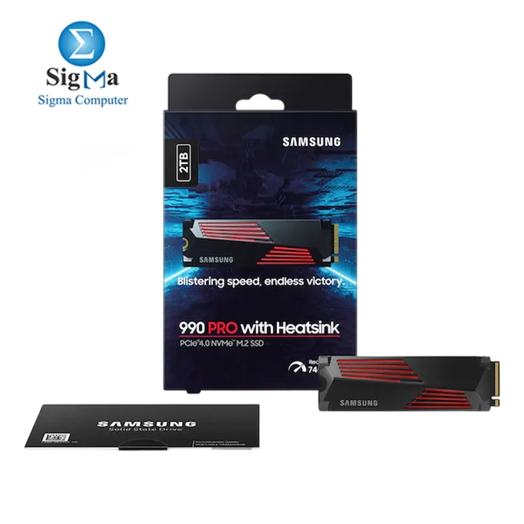 Samsung 990 PRO w  Heatsink 4TB SSD NVMe M.2     PCIe 4.0  up to 7 450 MB s read  6 900 MB s write  1.6M IOPS  V-NAND TLC  4GB DDR4 cache  heatsink  3-year warrant