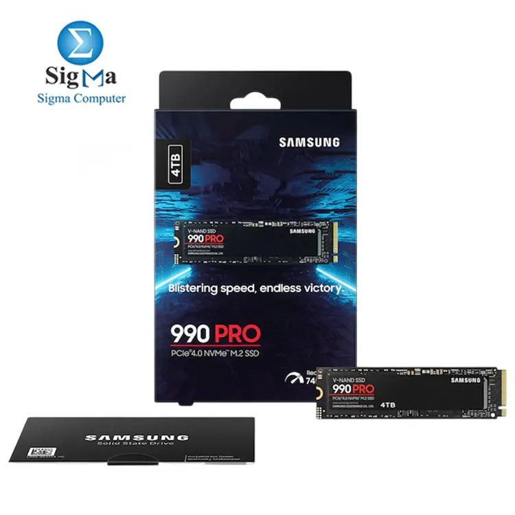 Samsung 990 PRO 4TB PCIe 4.0 NVMe SSD with up to 7 450 MB s read  6 900 MB s write  1.6M IOPS  4GB DDR4 cache  AES 256-bit encryption  and a 3-year warranty