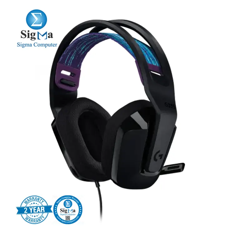 Logitech G335 Wired Gaming Headset 40mm driver, 20 Hz - 20 kHz frequency response, 36 Ohm impedance, cardioid microphone, 8.47 oz weight, and compatibility with PC, Xbox, PlayStation, Nintendo Switch