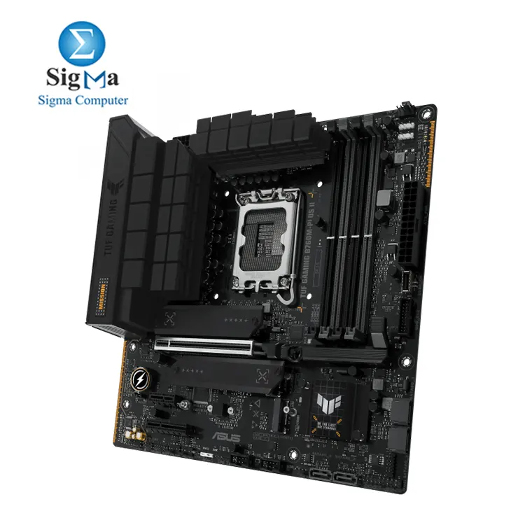 ASUS TUF GAMING B760M-PLUS II is a micro-ATX motherboard with support for Intel   14th  13th  and 12th Gen CPUs  DDR5 memory  up to 192GB  7800MHz OC   PCIe 5.0  3 M.2 slots  2.5Gb Ethernet  USB 20Gbps  and enhanced cooling