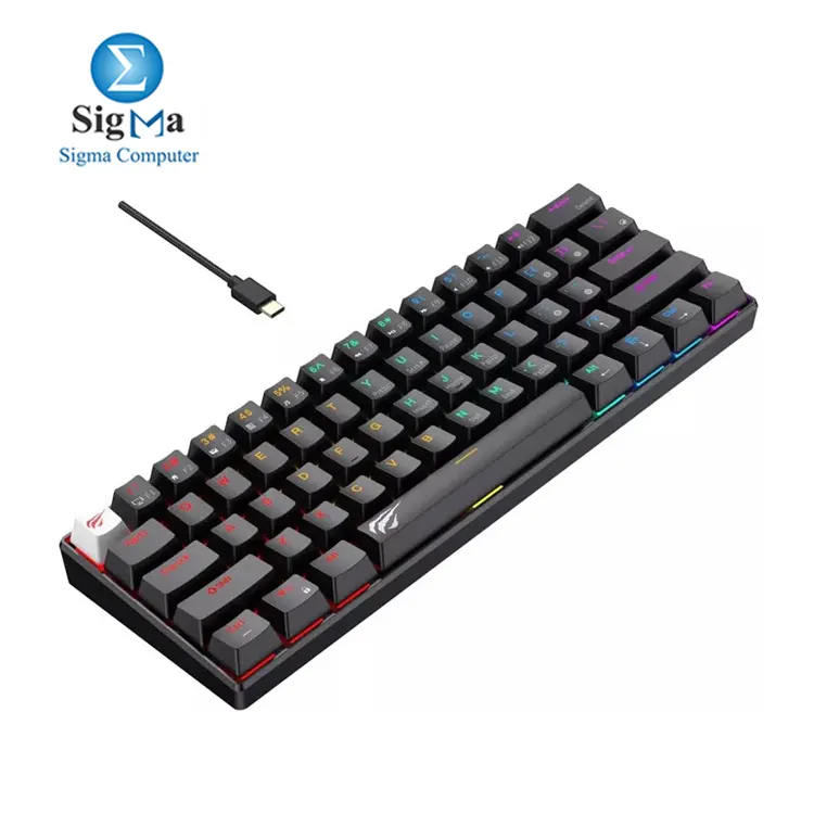 Havit KB903L  61-key red switch mechanical gaming keyboard with rainbow LED backlight  USB Type-C wired  removable cable  ergonomic design  50 million key life