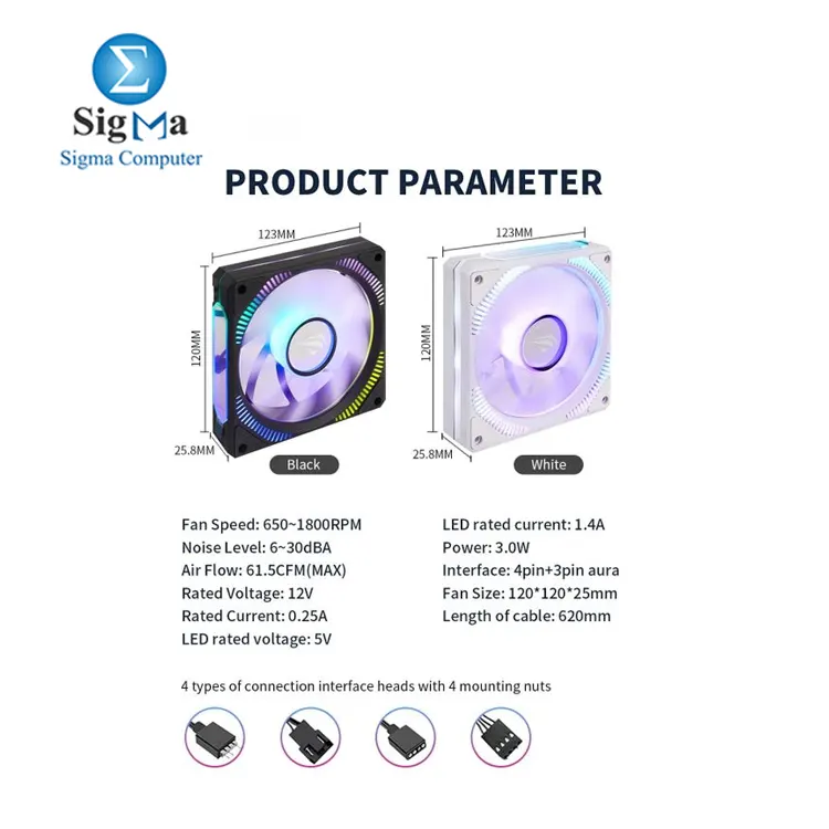 Havit Gamenote F2096 Black 120mm RGB fan with 650-1800 RPM  56 CFM airflow  6-30 dBA noise  16 million color lighting  and 4-Pin PWM 3-Pin ARGB connection