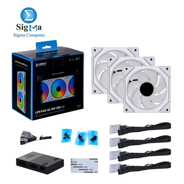Lian Li UNI FAN SL-INF 120MM RGB — High airflow 61.3 CFM, up to 2100 RPM, quiet 29 dB(A), daisy-chain with controller, 40 RGB LEDs per fan.        4.1-mini