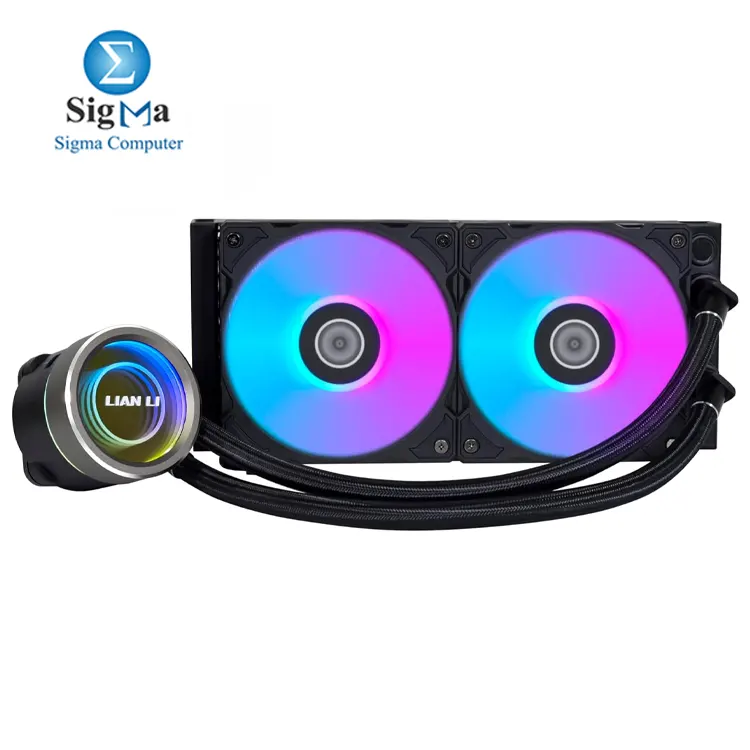 Lian Li Galahad II Trinity 240MM  High-performance AIO cooler with 3200 RPM pump  240mm radiator  120mm ARGB fans  79.9 CFM airflow  low noise  and Intel AMD socket compatibility.