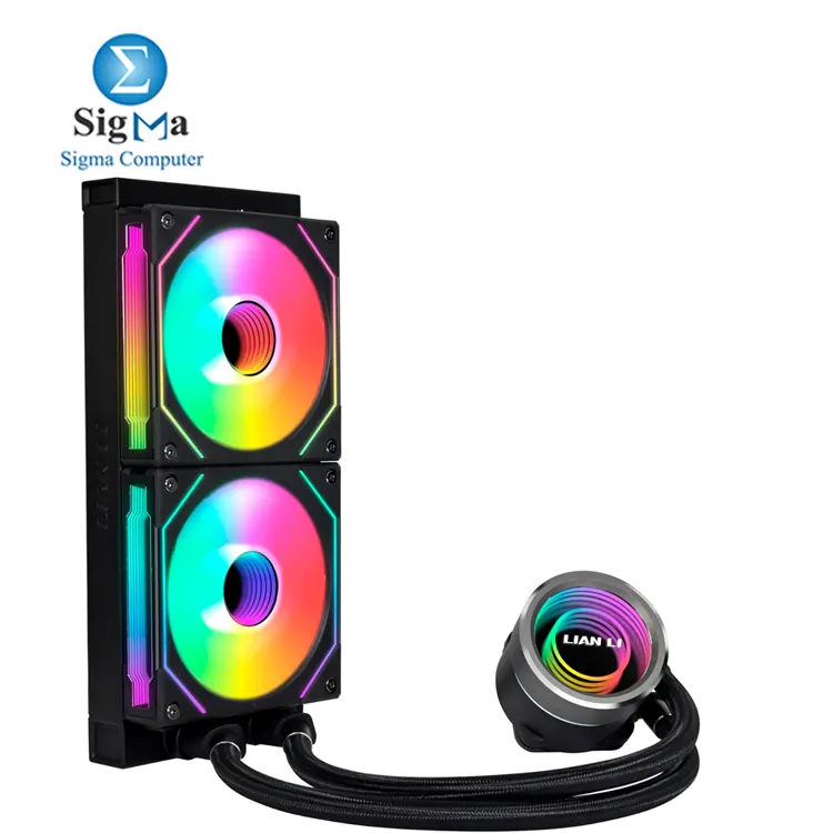 Lian Li GA II TRINITY SL-INF 240MM: 3200 RPM pump, 240mm radiator, 2100 RPM ARGB fans, 61.3 CFM airflow, compatible with Intel LGA1700/1200/115x and AMD AM5/AM4 sockets.