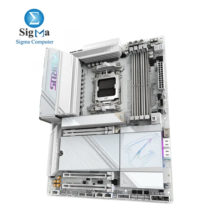 GIGABYTE X870E AORUS PRO ICE     supporting Ryzen  AMD AM5 socket  DDR5 up to 8200MHz  PCIe 5.0 x16  4 M.2 slots  3 PCIe 5.0   USB4 Type-C  Wi-Fi 7  2.5GbE LAN  Realtek ALC1220 audio  ATX form factor.