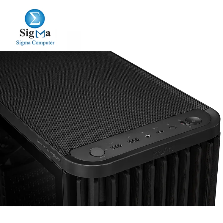 ASUS ProArt PA401 Wood Edition – ATX case with 2x160mm front fans, USB-C Gen 2x2, up to 315mm GPU, 240mm top radiator, and built-in PWM fan hub.