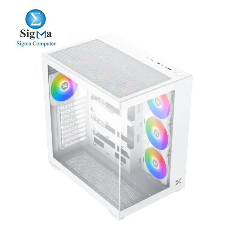 Xigmatek Aqua V Air Arctic: ATX case with 410mm GPU, 165mm CPU cooler, 360mm radiator support, dual tempered glass, up to 10 fans, USB-C, and 9 expansion slots.