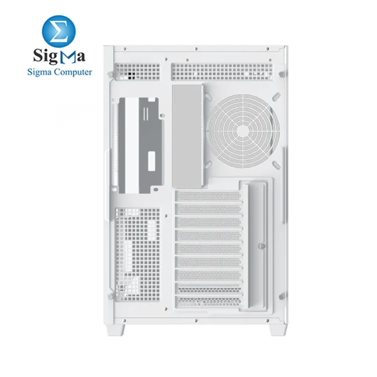 Xigmatek Aqua V Air Arctic: ATX case with 410mm GPU, 165mm CPU cooler, 360mm radiator support, dual tempered glass, up to 10 fans, USB-C, and 9 expansion slots.
