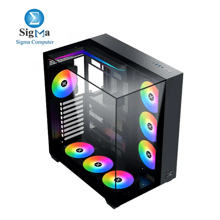 Xigmatek Aqua V supports ATX back plug motherboards, 410mm GPU, 165mm CPU cooler, 360mm radiator, 7 fans, with 3 tempered glass panels and top I/O including USB-C.